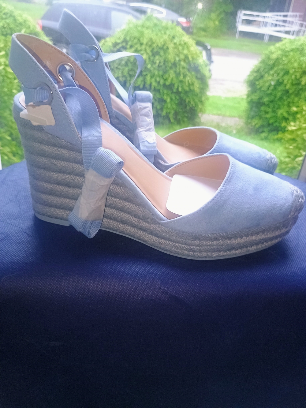 Light Blue Espadrille Wedge Sandals with Ankle Tie